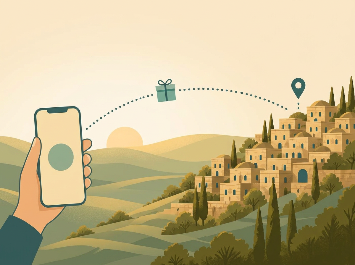 A hand holding a phone while a gift is sent to Beit Shemesh