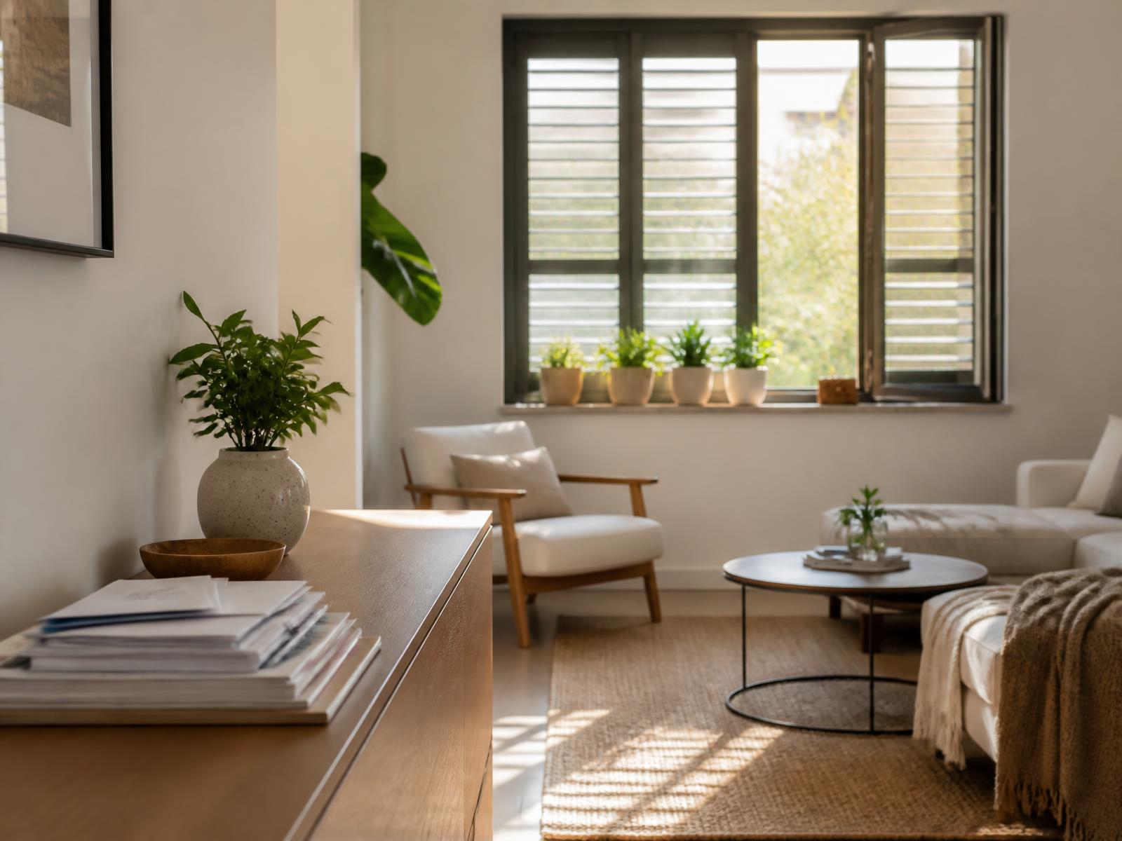 A quiet, cared-for home interior with collected mail and watered plants