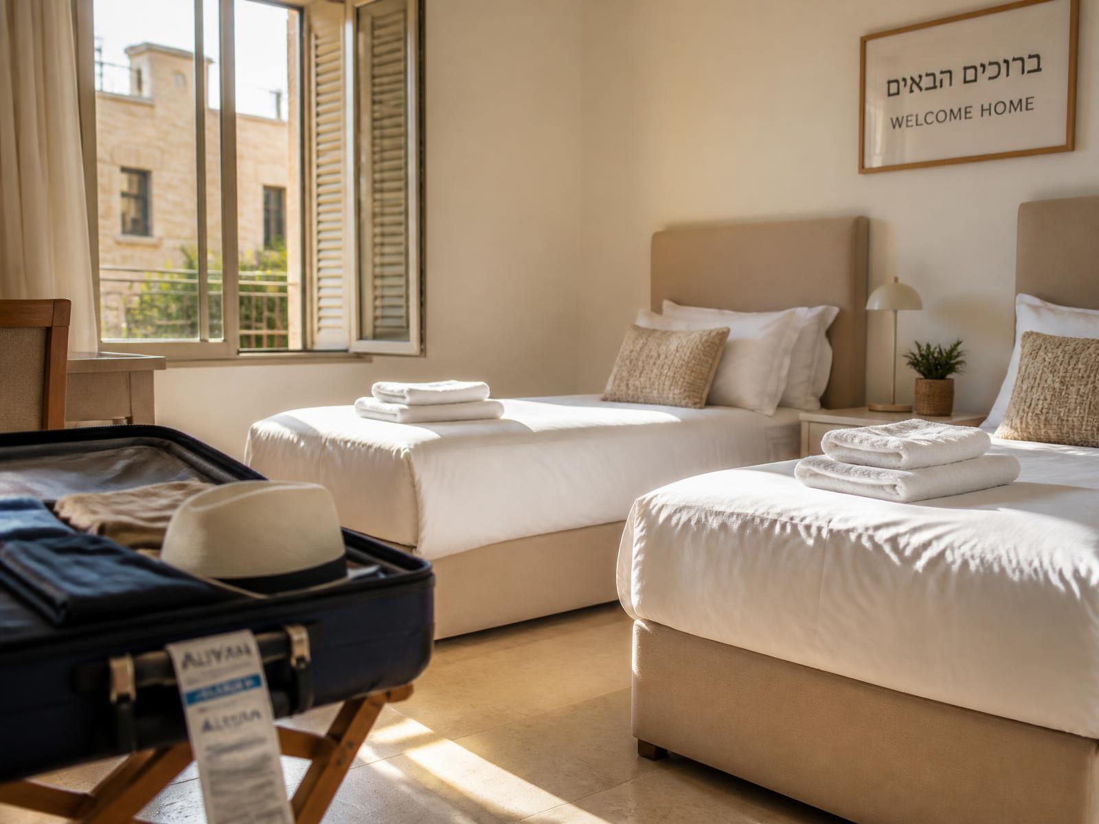 A prepared bedroom with fresh linen ready for a family arriving in Beit Shemesh