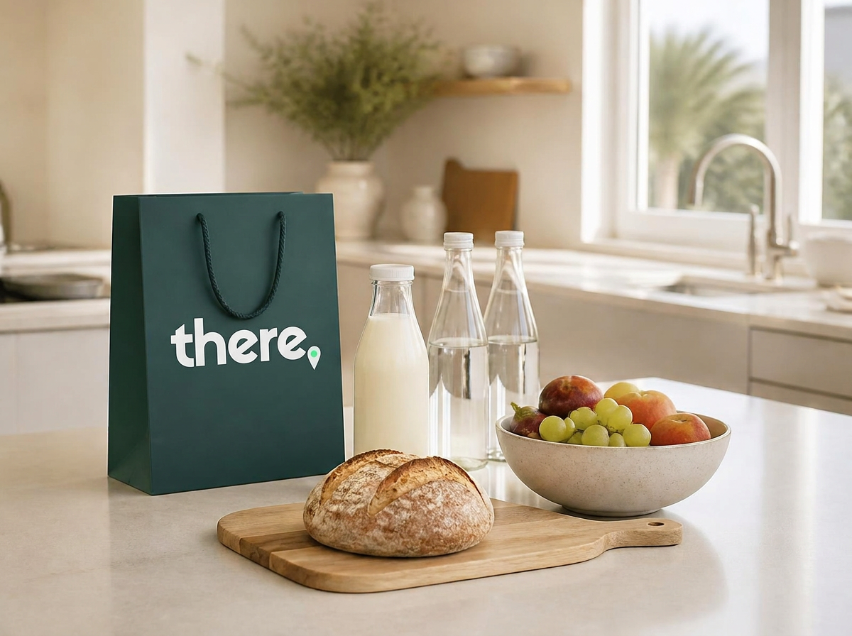 Fresh essentials arranged on the counter of a holiday rental kitchen